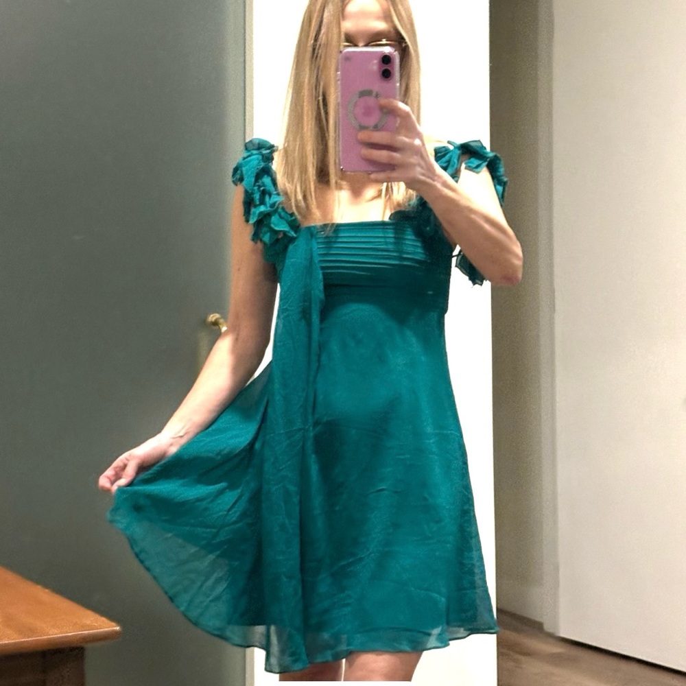 Pinko Turquoise Mini Dress with Ruffle Sleeves